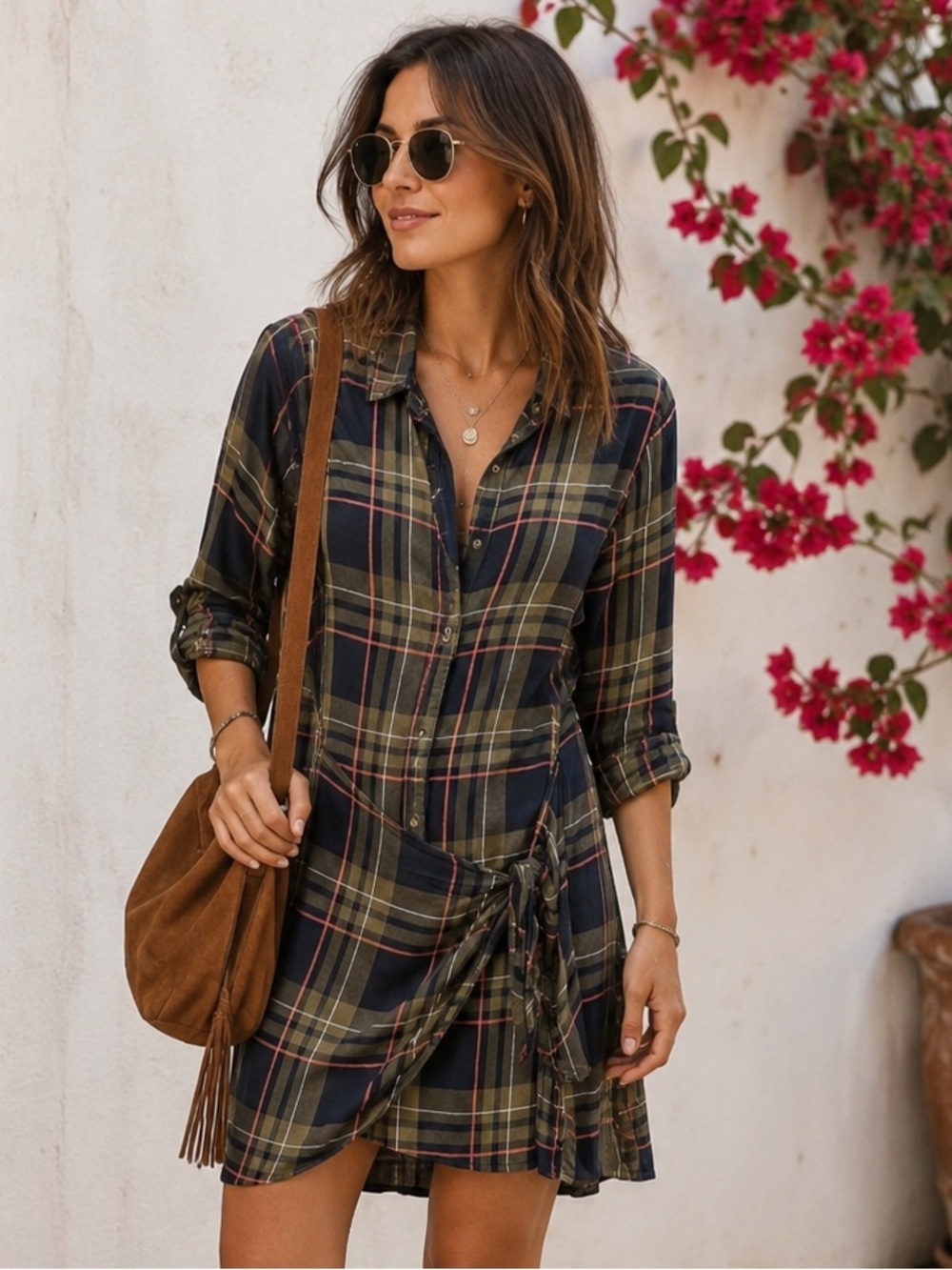 Abercrombie & Fitch Olive, Navy and Pink Plaid Tie-Waist Mini Dress